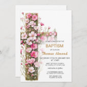 Roze Floral Cross Baptism Uitnodiging (Voorkant / Achterkant)