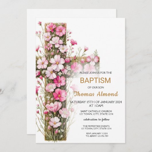 Roze Floral Cross Baptism Uitnodiging (Voorkant / Achterkant)