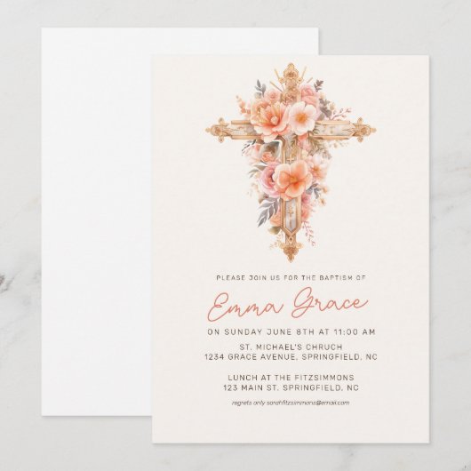Roze Floral Cross Baptism Uitnodiging (Voorkant / Achterkant)