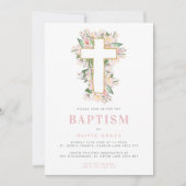 Roze Floral Cross Baptism Uitnodiging (Voorkant)