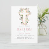 Roze Floral Cross Baptism Uitnodiging (Staand voorkant)