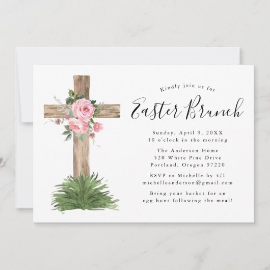 Roze Floral Cross Easter Brunch Kaart (Voorkant)