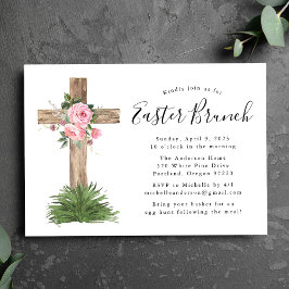 Roze Floral Cross Easter Brunch Kaart