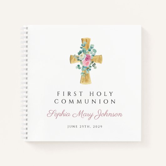 Roze Floral Cross First Community Guestbook Notitieboek (Voorkant)