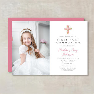 Roze Floral Cross Girl First Community Foto Kaart