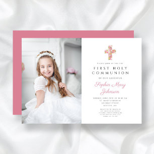 Roze Floral Cross Girl First Community Foto Kaart