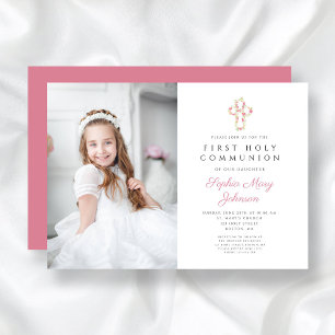 Roze Floral Cross Girl First Community Foto Kaart