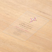 Roze Floral Cross Religieuze Eerste Communie Acryl Uitnodigingen (Laagn)