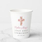 Roze Floral Cross Religieuze Eerste Communie Papieren Bekers (Achterkant)