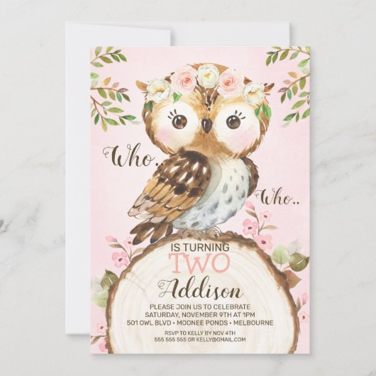 Roze Floral Crown Owl Birthday Invitation Kaart (Voorkant)
