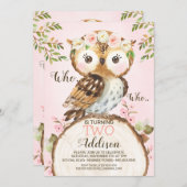 Roze Floral Crown Owl Birthday Invitation Kaart (Voorkant / Achterkant)