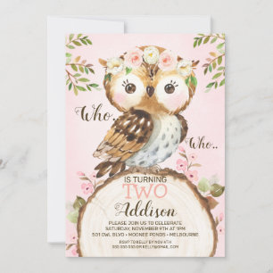 Roze Floral Crown Owl Birthday Invitation Kaart