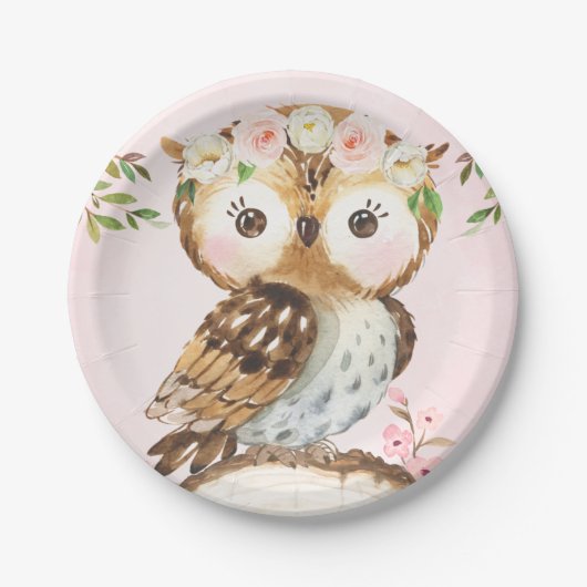 Roze Floral Crown Owl Birthday Paper Bord (Voorkant)