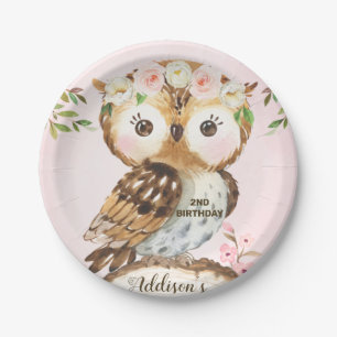 Roze Floral Crown Owl Birthday Paper Bord