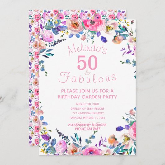 Roze Floral Custom 50 and Fabulous 50th Birthday Kaart (Voorkant / Achterkant)