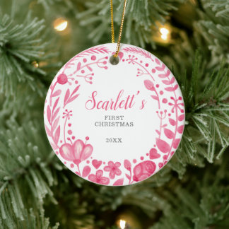 Roze Floral Custom Baby's Eerste Kerstmis Keramisch Ornament