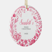  Roze Floral Custom Baby's Eerste Kerstmis Keramisch Ornament (Rechts)