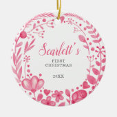 Roze Floral Custom Baby's Eerste Kerstmis Keramisch Ornament (Voorkant)
