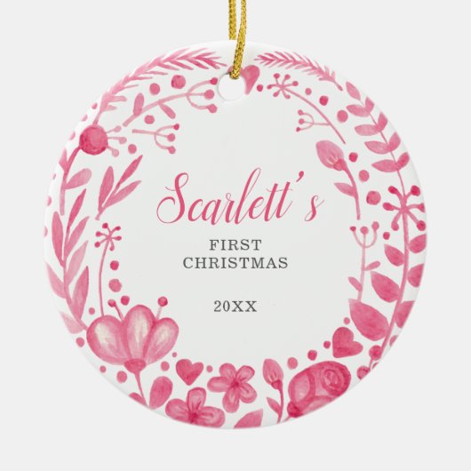  Roze Floral Custom Baby's Eerste Kerstmis Keramisch Ornament (Voorkant)