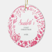 Roze Floral Custom Baby's Eerste Kerstmis Keramisch Ornament (Links)