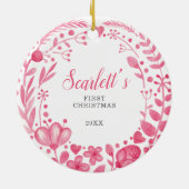Roze Floral Custom Baby's Eerste Kerstmis Keramisch Ornament (Achterkant)