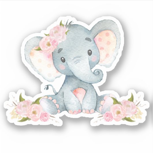 Roze Floral Cute Baby Elephant zonder vinyl Sticker (Voorkant)