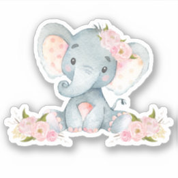 Roze Floral Cute Baby Elephant zonder vinylseptisc Sticker
