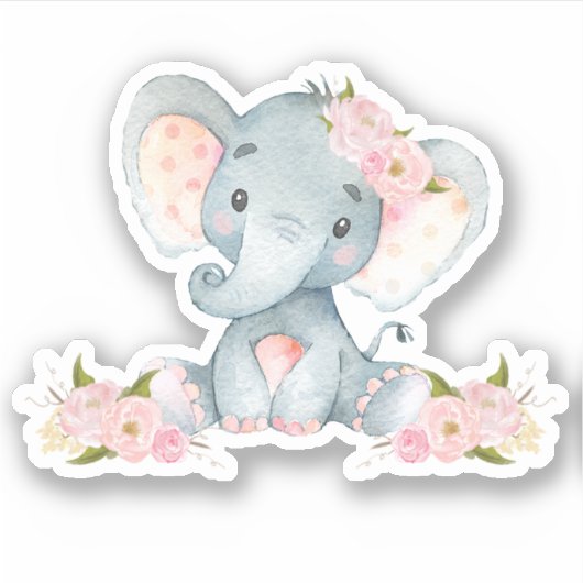 Roze Floral Cute Baby Elephant zonder vinylseptisc Sticker (Voorkant)
