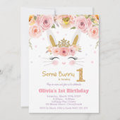 Roze Floral Cute Bunny Rabbit 1e eerste verjaardag Kaart (Voorkant)