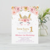 Roze Floral Cute Bunny Rabbit 1e eerste verjaardag Kaart (Staand voorkant)