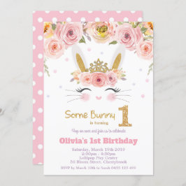 Roze Floral Cute Bunny Rabbit 1e eerste verjaardag Kaart