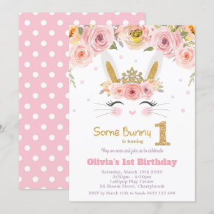 Roze Floral Cute Bunny Rabbit 1e eerste verjaardag Kaart