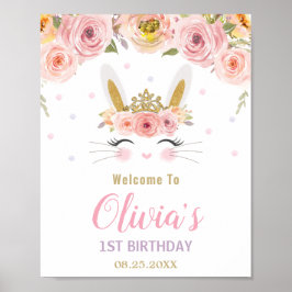 Roze Floral Cute Bunny Rabbit 1st Birthday Welkom Poster