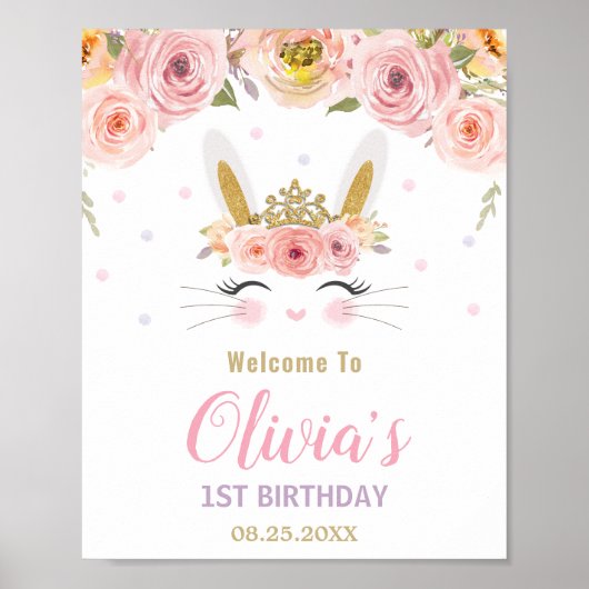 Roze Floral Cute Bunny Rabbit 1st Birthday Welkom Poster (Voorkant)