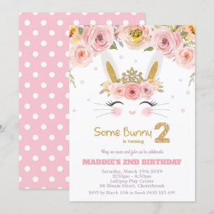 Roze Floral Cute Bunny Rabbit 2e verjaardag Kaart