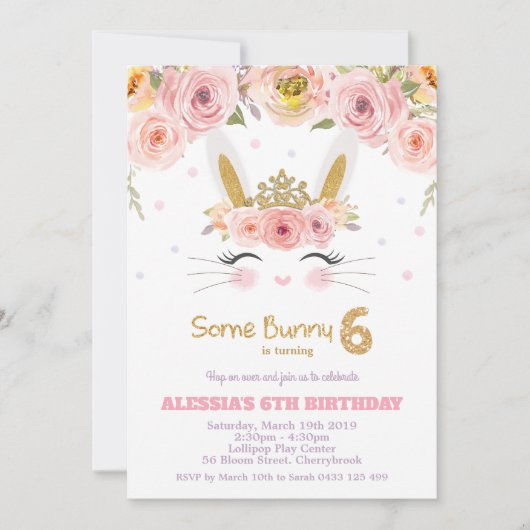 Roze Floral Cute Bunny Rabbit 6th Birthday Girl Kaart (Voorkant)