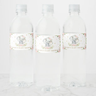 Roze Floral Cute Elephant Baby shower 1e verjaarda Waterfles Etiket