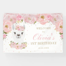 Roze Floral Cute Llama 1st Birthday Backdrop