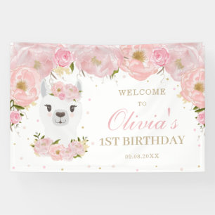 Roze Floral Cute Llama 1st Birthday Backdrop Spandoek