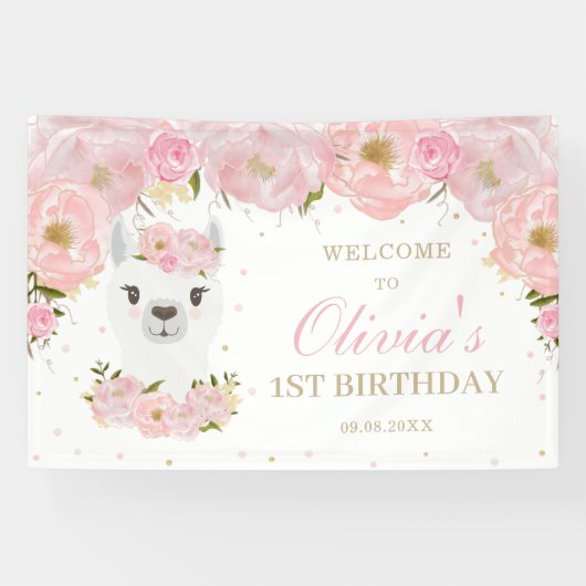 Roze Floral Cute Llama 1st Birthday Backdrop Spandoek (Horizontaal)