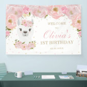 Roze Floral Cute Llama 1st Birthday Backdrop Spandoek (Beurs)