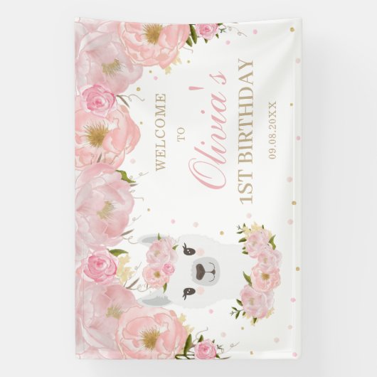 Roze Floral Cute Llama 1st Birthday Backdrop Spandoek (Verticaal)