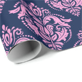Roze Floral Damascus & Midnight Blue Background Cadeaupapier (Rol Hoek)