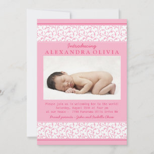 Roze Floral Damask Foto Sip N Zie Baby shower Kaart