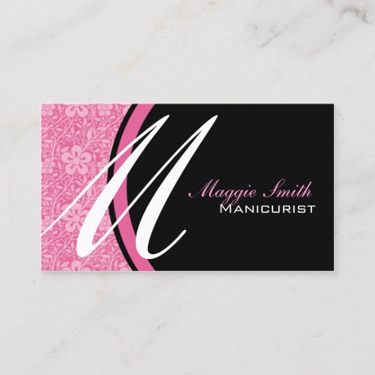 Roze Floral Damask Monogram Visitekaartje (Voorkant)