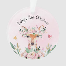 Roze Floral Deer Baby's Eerste Kerstmis Ornament