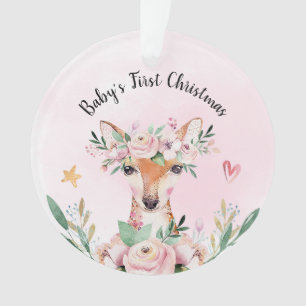 Roze Floral Deer Baby's Eerste Kerstmis Ornament