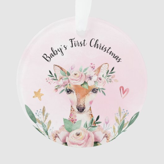 Roze Floral Deer Baby's Eerste Kerstmis Ornament (voorkant)