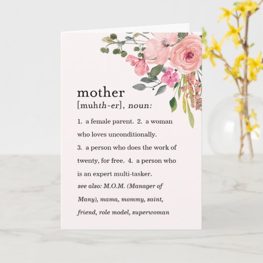 Roze Floral Definition of a Moeder, Moederdag Kaart (Gele Bloem)