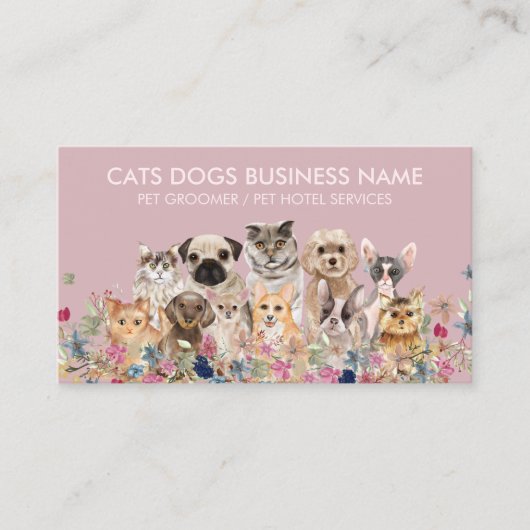 Roze Floral Design met katten Honden Visitekaartje (Voorkant)